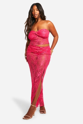 Strapless Crop Top en Lange Kanten Rok Hoge Taille - Roze