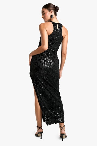 Robe longue en velours et dentelle - Noir