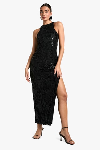 Robe longue en velours et dentelle - Noir