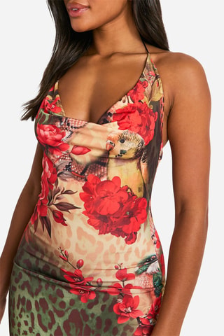 Robe longue - Beige et rouge