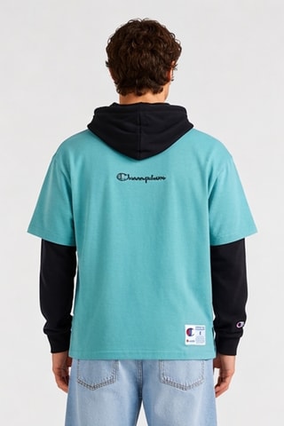 Camiseta efecto doble prenda con capucha - Verde agua