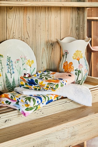 Toalha de mesa retangular - Cru - 140 x 240 cm - Branco, azul e laranja