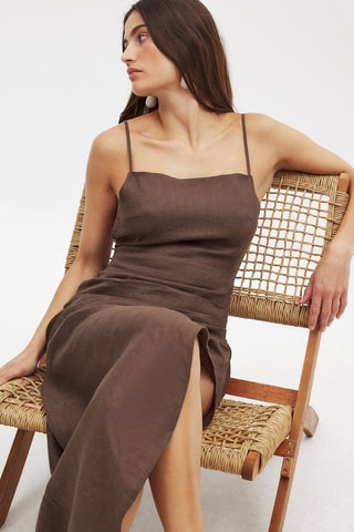 Vestido midi en lino - Marrón