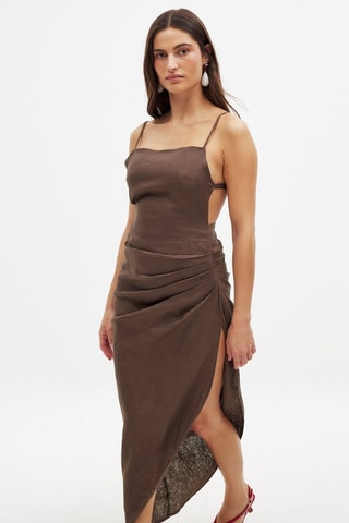 Vestido midi en lino - Marrón