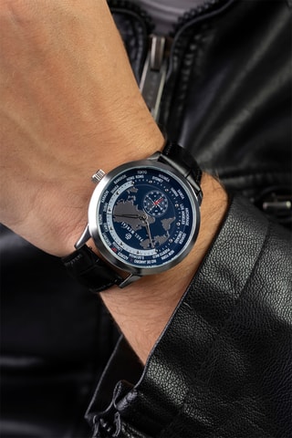 Reloj de cuarzo de piel - GMT - Brújula - Negro y plateado