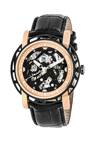Orologio automatico in pelle Stavros - Nero e dorato rosa