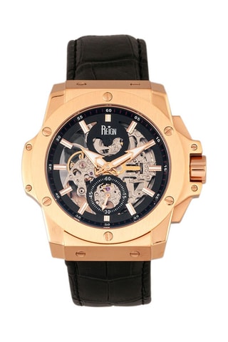 Orologio automatico in pelle Commodus   Nero e dorato rosa - Reign