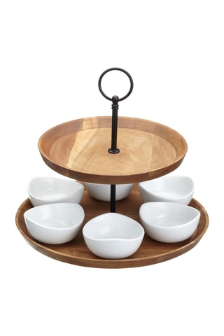 Service à apéritifs en acacia et porcelaine - 6 pièces
