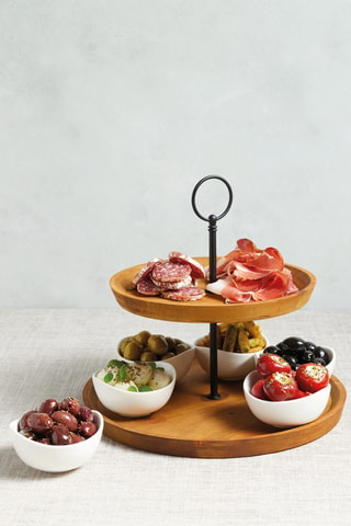 Service à apéritifs en acacia et porcelaine - 6 pièces