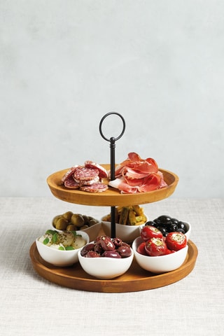 Service à apéritifs en acacia et porcelaine - 6 pièces