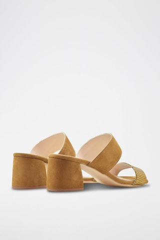 Chinelos de salto em couro Camel e dourado - Castanho e dourado
