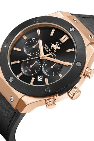 Relógio de quartzo em couro e cerâmica - GMT - Preto e dourado-rosa