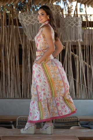 Robe chemise en soie - Beige et rose