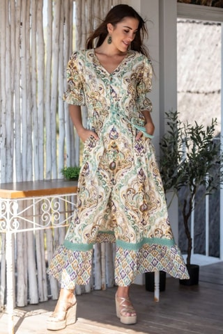 Robe chemise - Beige, vert et violet