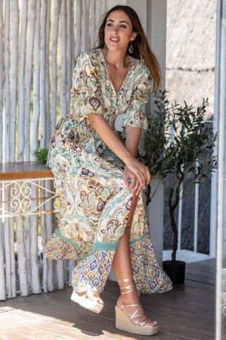 Robe chemise - Beige, vert et violet
