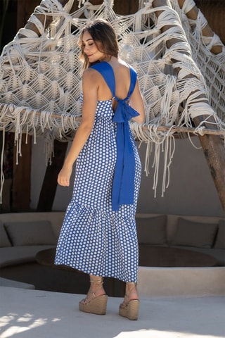 Mouwloze Zijden Midi-jurk - Blauw - Wit en blauw