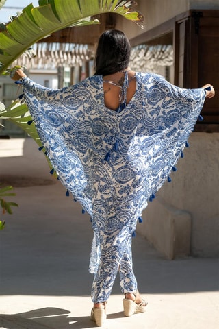 Zijden Kaftanjurk - Wit - Wit en blauw