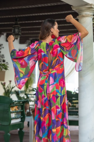 Lange Jurk - Fuchsia - Rood, blauw en roze