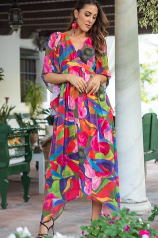 Lange Jurk - Fuchsia - Rood, blauw en roze