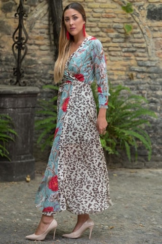 Lange Jurk - Blauw - Wit, beige en blauw