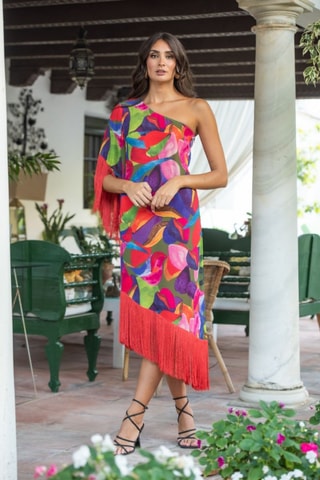 Asymmetrische jurk - Fuchsia - Rood, groen en roze