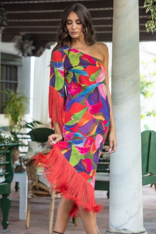Asymmetrische jurk - Fuchsia - Rood, groen en roze