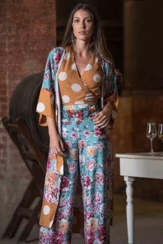 Kimono - Turquoise - Blauw, geel en roze