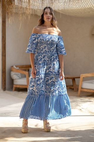 Lange Mouwloze Zijden Jurk - Blauw - Wit en blauw