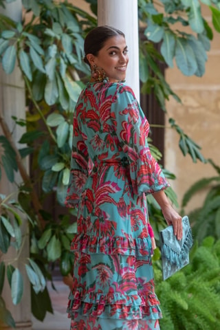 Lange Jurk - Turquoise - Blauw en roze