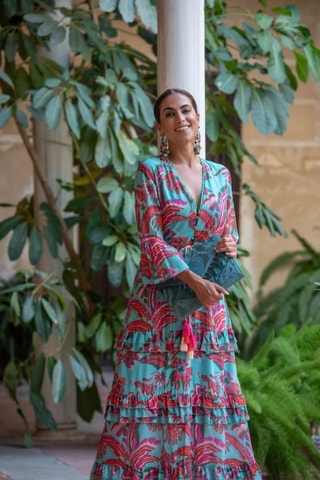 Lange Jurk - Turquoise - Blauw en roze