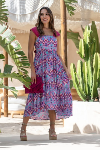 Mouwloze Zijden Midi-jurk - Fuchsia - Blauw en roze
