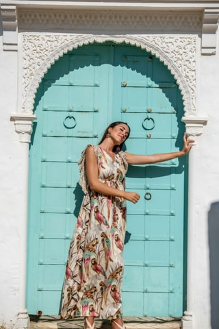 Lange Jurk - Beige - Beige, groen en roze