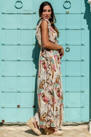 Lange Jurk - Beige - Beige, groen en roze