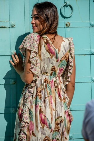 Lange Jurk - Beige - Beige, groen en roze