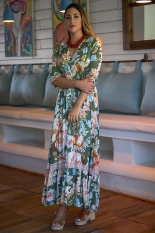Lange Jurk - Groen - Wit, groen en roze