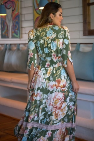 Lange Jurk - Groen - Wit, groen en roze