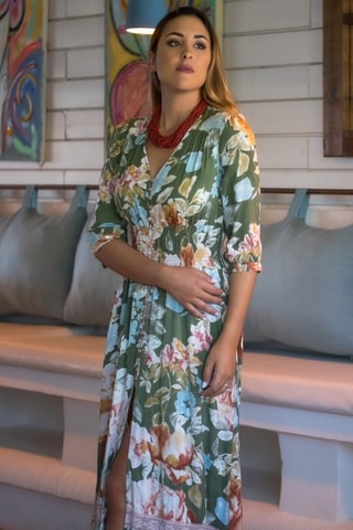 Lange Jurk - Groen - Wit, groen en roze