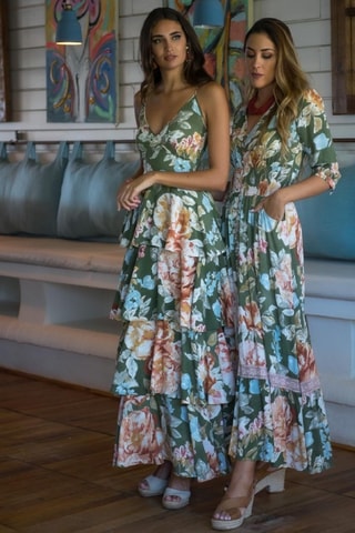 Lange Jurk - Groen - Wit, groen en roze