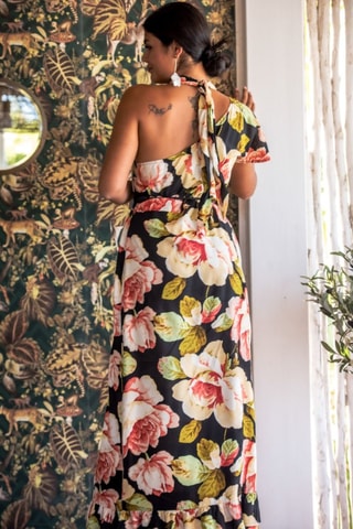 Asymmetrische jurk - Zwart - Wit, zwart en roze