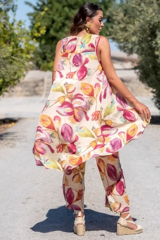 Mouwloos Zijden Vest - Beige - Beige, groen en roze