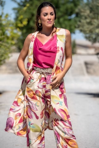 Mouwloos Zijden Vest - Beige - Beige, groen en roze