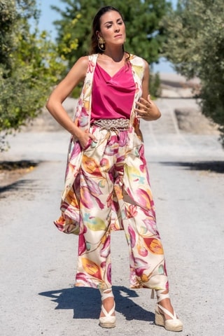 Mouwloos Zijden Vest - Beige - Beige, groen en roze
