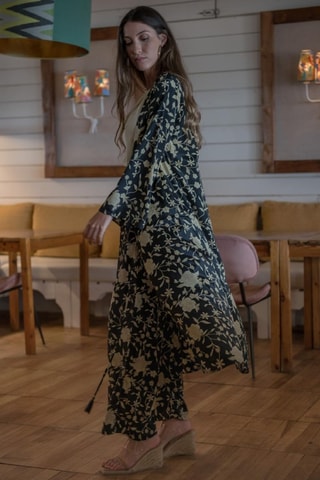 Zijden Kimono - Zwart - Zwart en beige