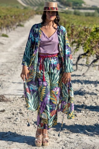 Zijden Kimono - Groen - Rood, groen en paars