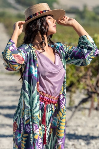 Zijden Kimono - Groen - Rood, groen en paars