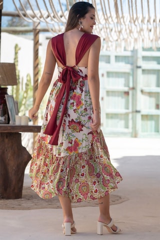 Mouwloze Zijden Midi-jurk - Wit - Wit en rood