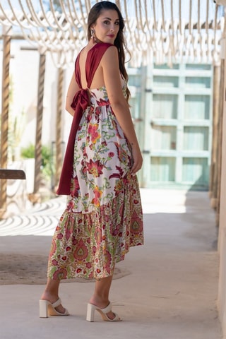 Mouwloze Zijden Midi-jurk - Wit - Wit en rood