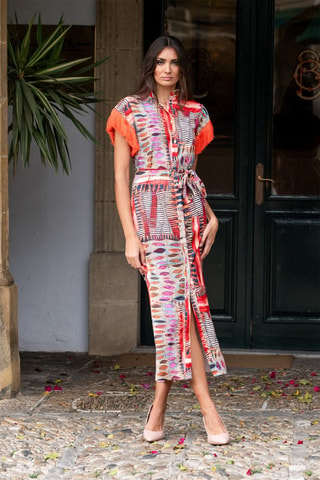 Lange Jurk - Oranje - Oranje en multicolor