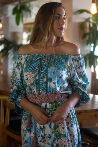 Lange Jurk - Blauw - Wit, blauw en groen