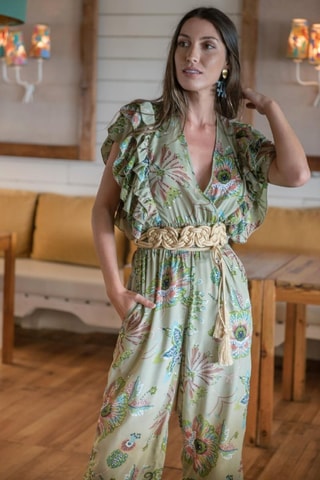 Zijden Jumpsuit - Groen - Beige, groen en roze